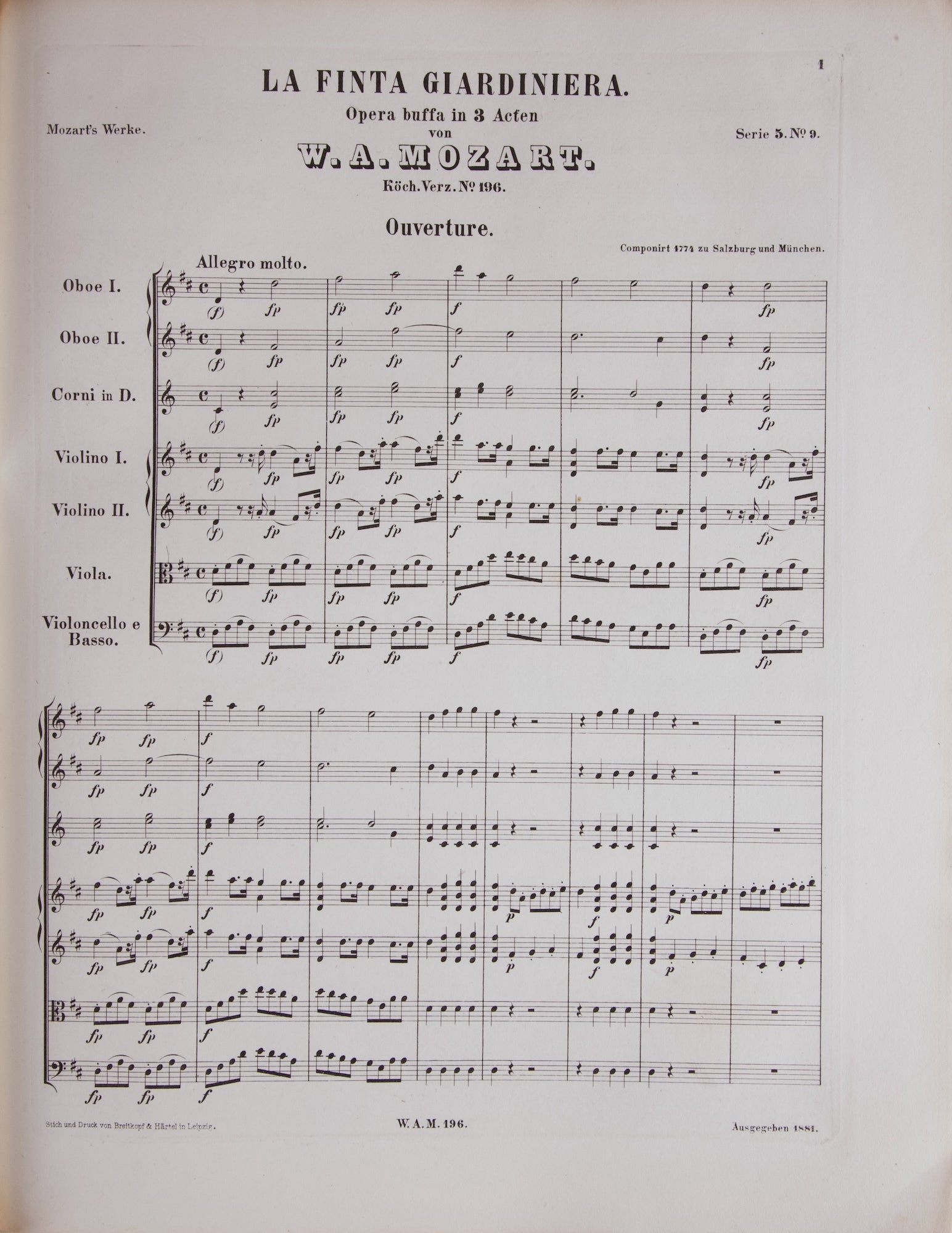 La finta Giardiniera. Opera buffa in 3 Akten. Partitur. KV 196