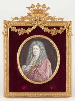 Item #41450 Portrait miniature painting. Unsigned. 19th century. On dark red velvet mat within an...